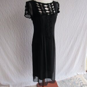 Nanette Lepore Silk Dress Size 6 Sheer  Details Short Peep Sleeve Lined Midi